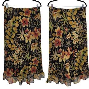 Vtg Skirt Botanical Tropical Floral High Low Ruffle Hem Trumpet Midi Black Sz L